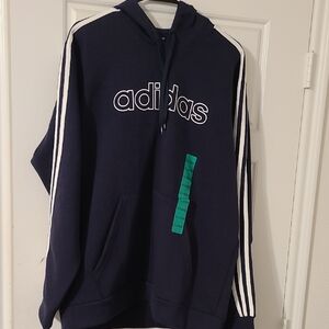 Adidas Men's Dark Blue Hoodie with White Stripes.